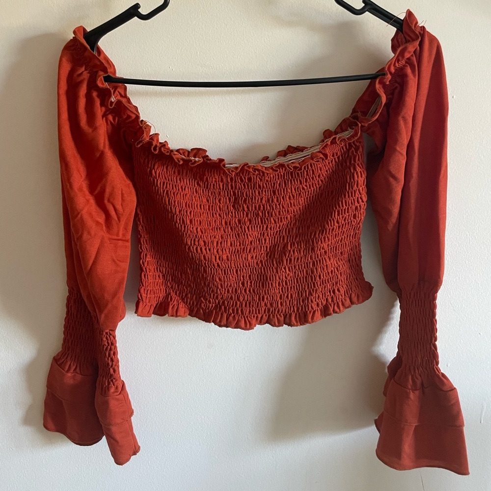 Burnt orange off the shoulder crop top